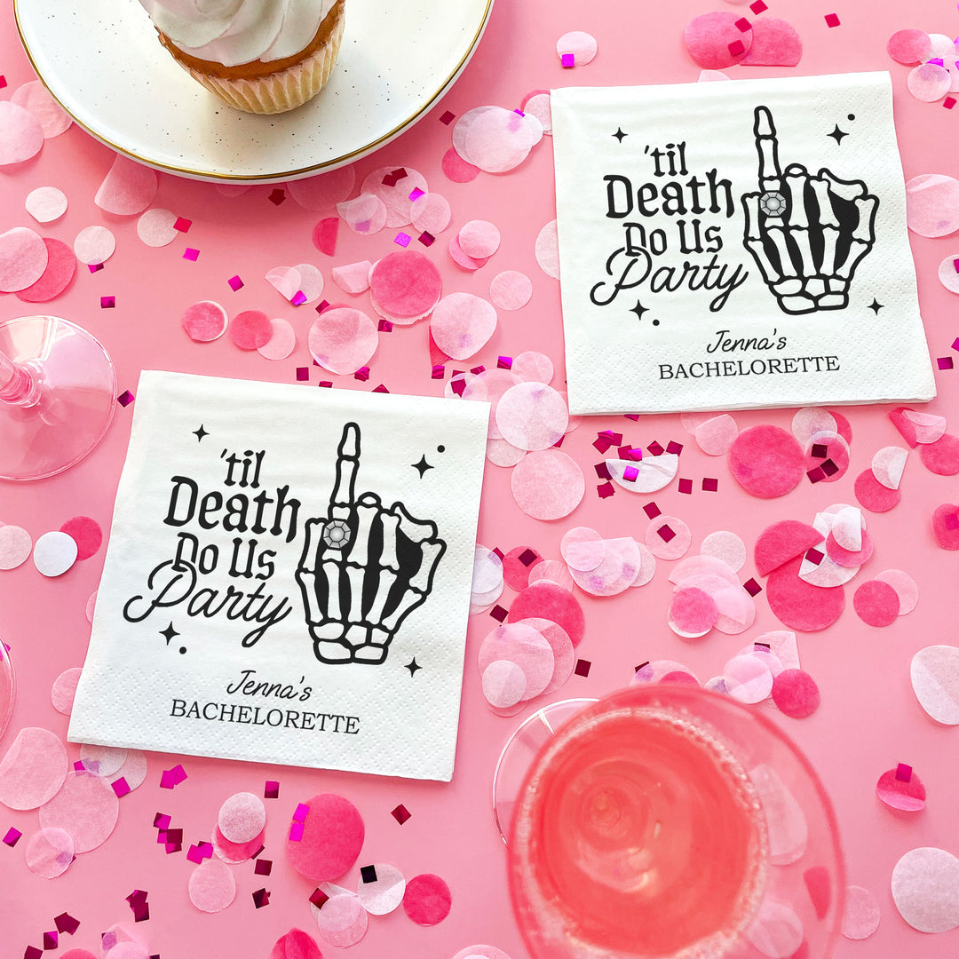 Personalized goth bachelorette cocktail napkin close-up