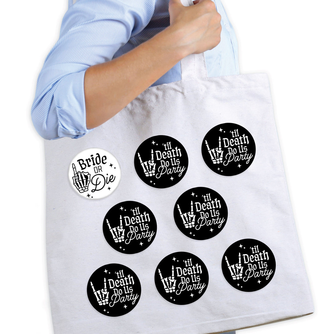 Close-up of gothic black and white Bride or Die button design