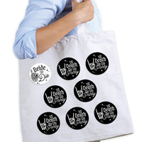 Close-up of gothic black and white Bride or Die button design