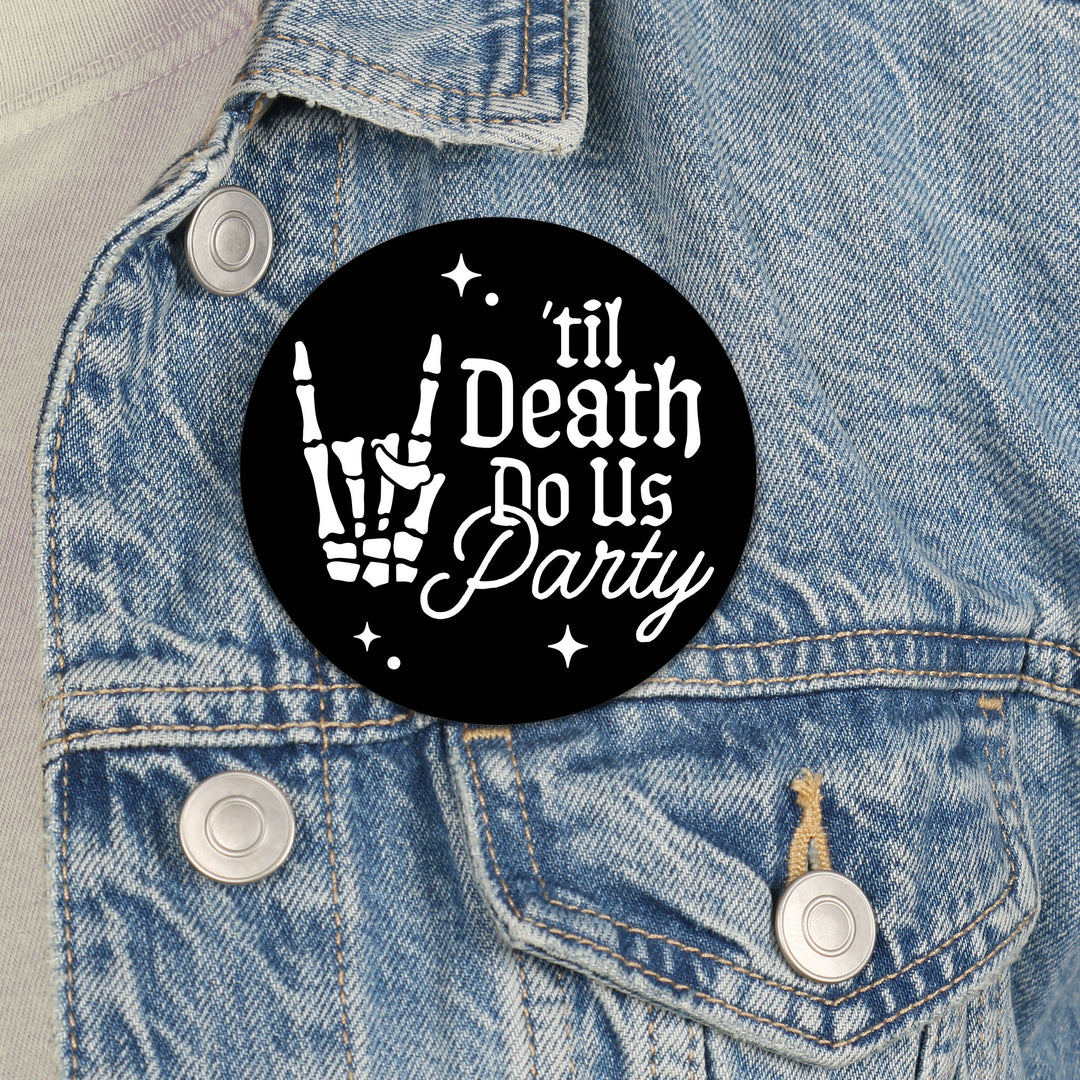 Bride or Die bachelorette group wearing Til Death party buttons