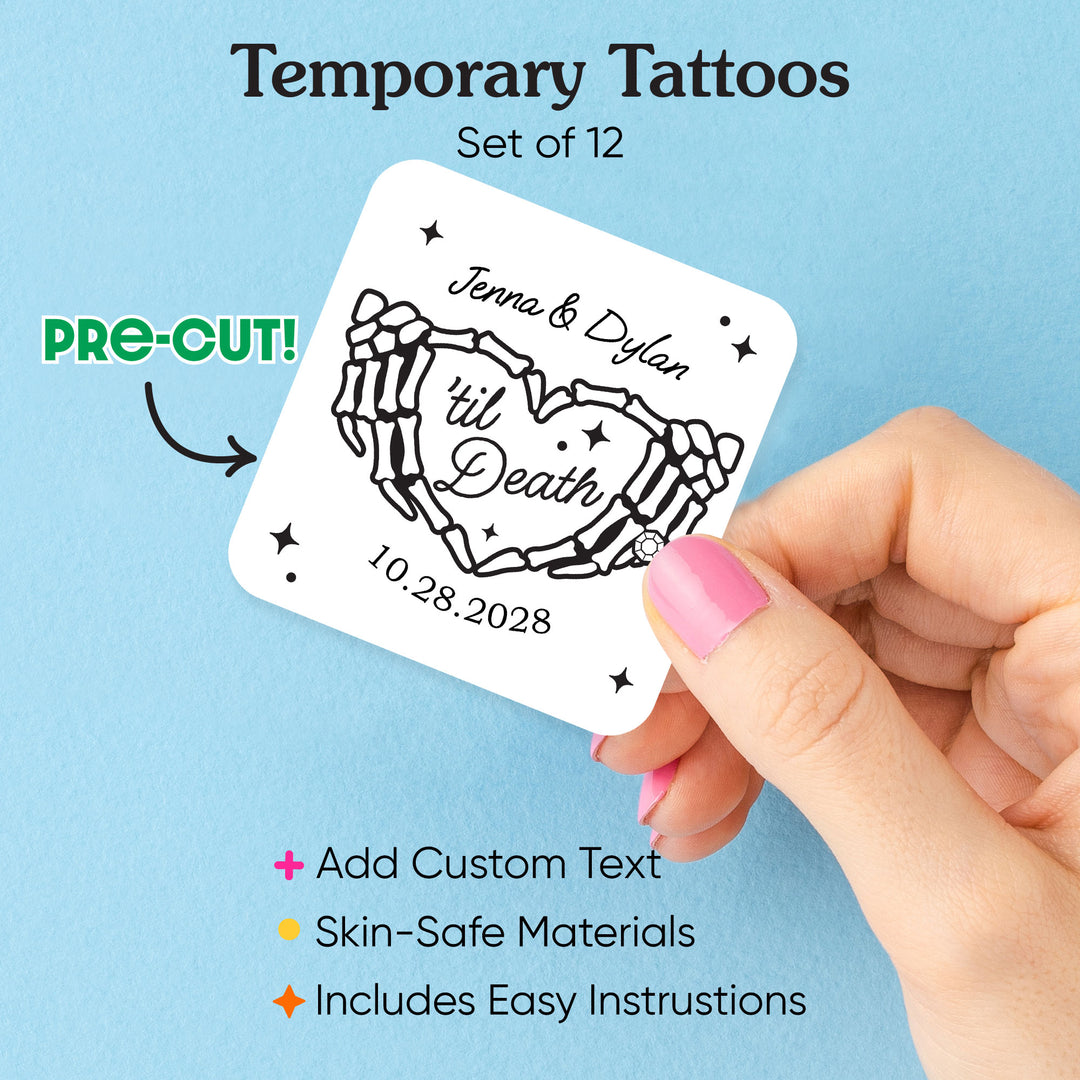 Pre-cut Til Death Wedding tattoo sheet detail for wedding favors