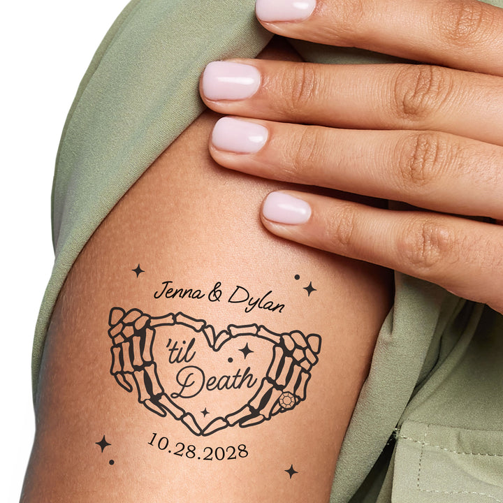 Til Death Wedding custom temporary tattoos skeleton hands heart design