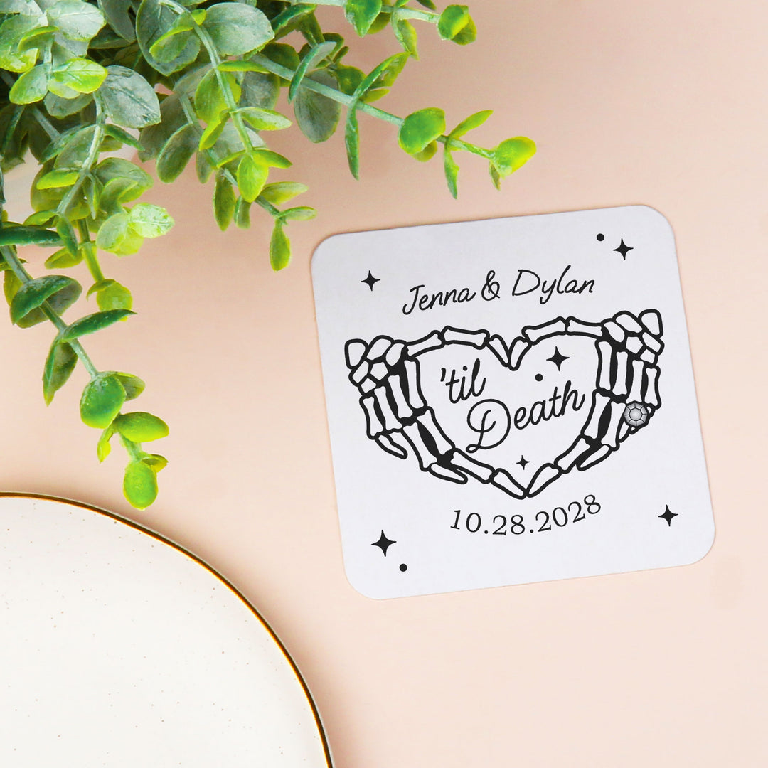 Wedding reception bar setup with Til Death custom coasters