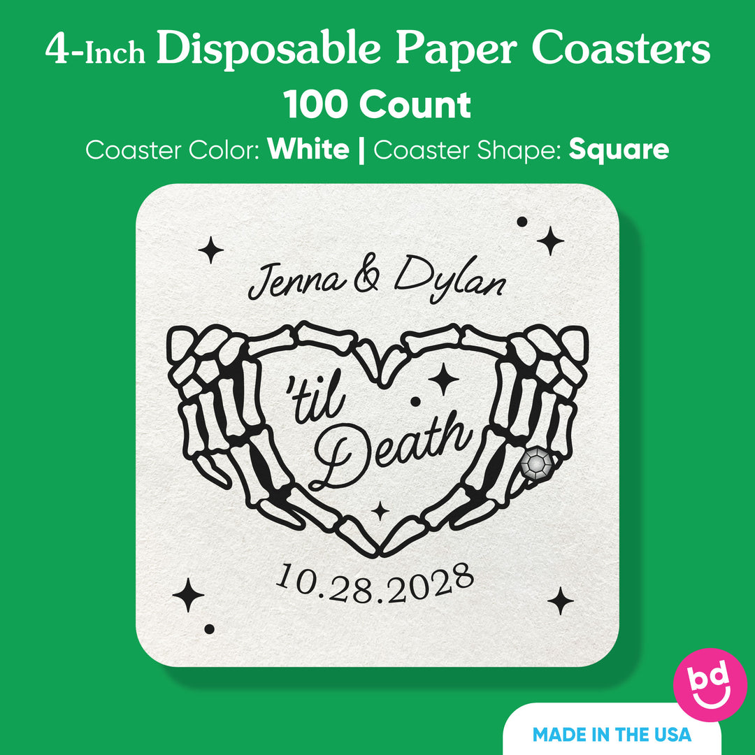 4 inch square pulpboard Til Death Wedding drink coaster detail