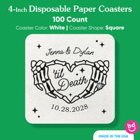 4 inch square pulpboard Til Death Wedding drink coaster detail