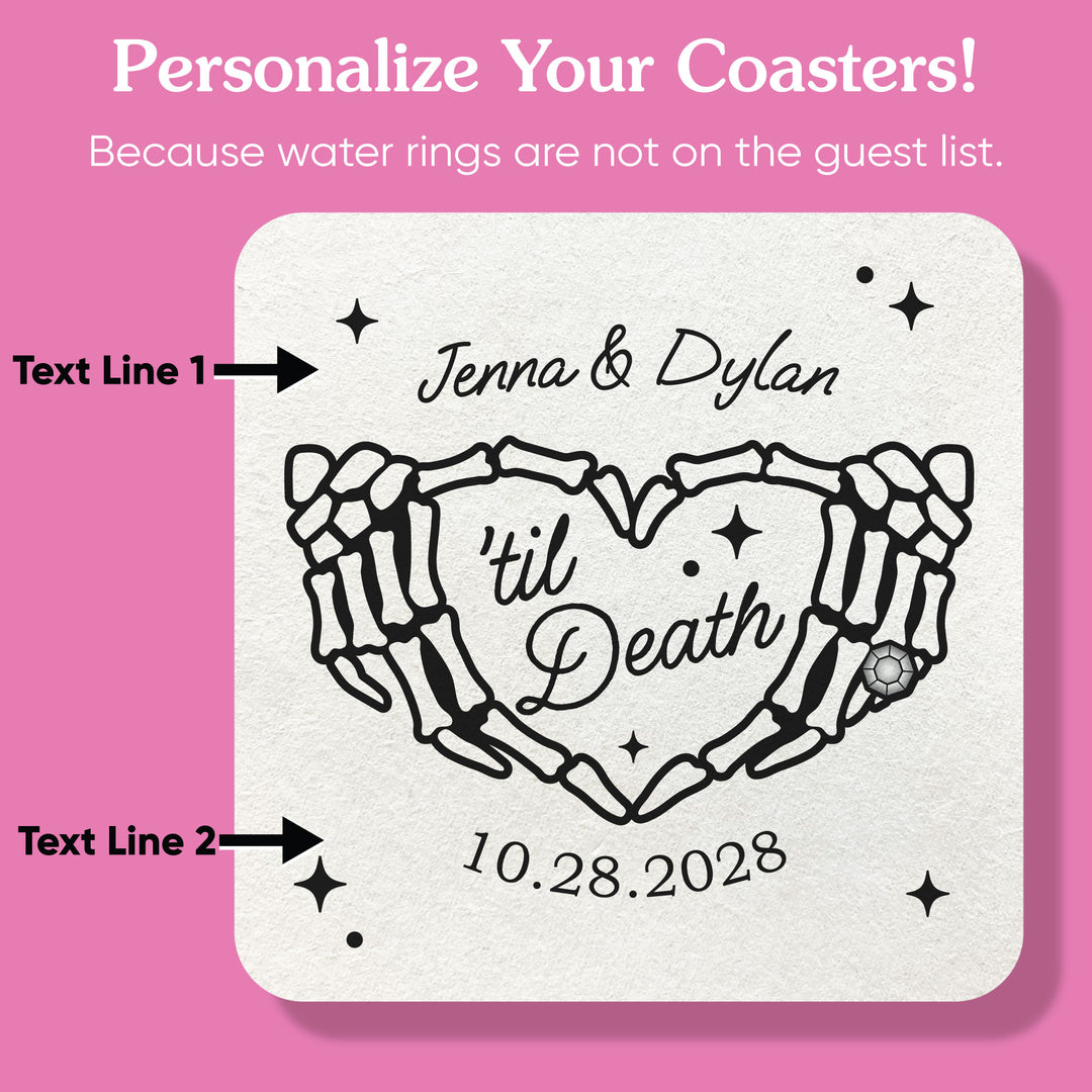 Personalized gothic wedding coaster close-up with couple names and date