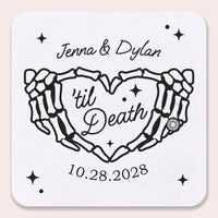 Til Death Wedding custom drink coasters skeleton hands heart design