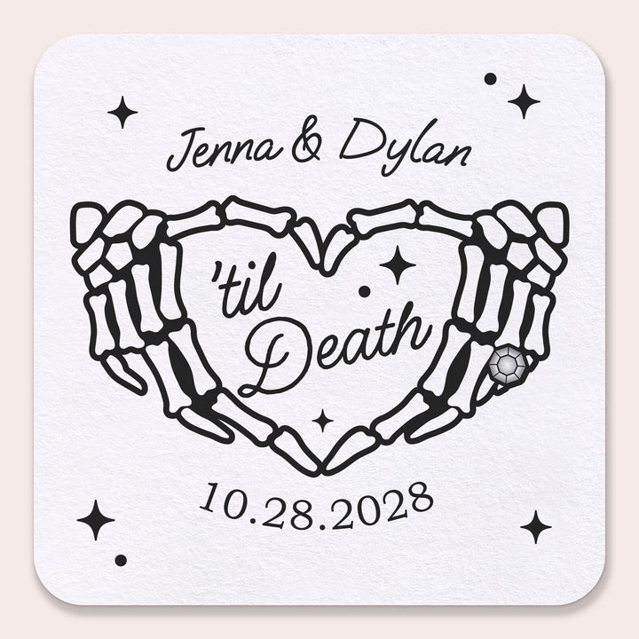 Til Death Wedding custom drink coasters skeleton hands heart design