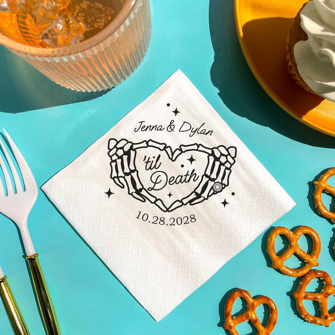 Gothic wedding reception table with Til Death custom cocktail napkins