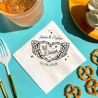 Gothic wedding reception table with Til Death custom cocktail napkins