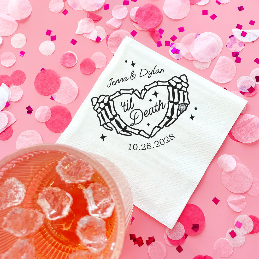 White 3-ply Til Death Wedding napkin detail showing black gothic artwork