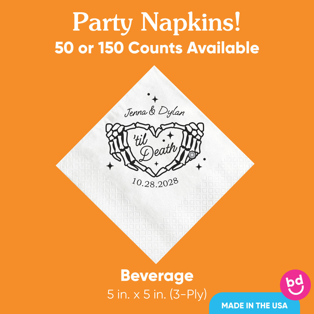 Pack of personalized Til Death Wedding beverage napkins for reception drinks