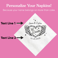 Personalized gothic wedding cocktail napkin close-up with custom names
