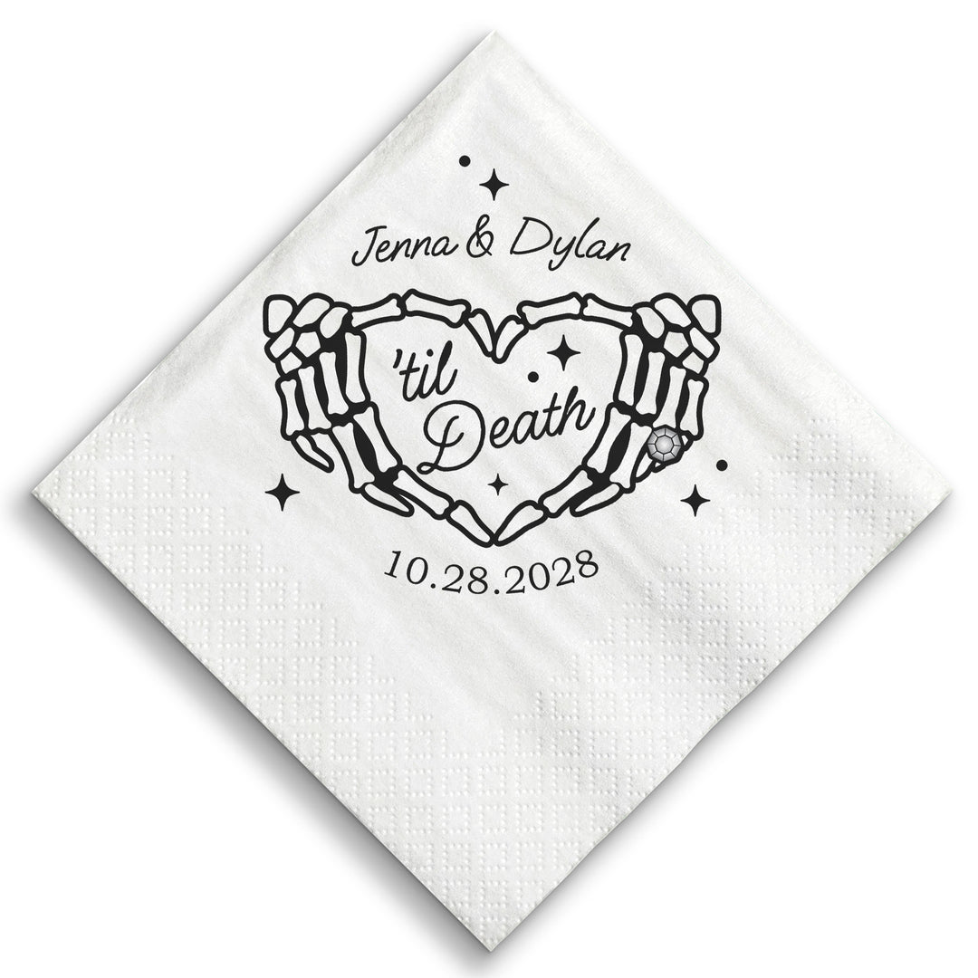 Til Death Wedding custom beverage napkins gothic skeleton hands heart design