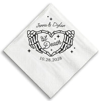 Til Death Wedding custom beverage napkins gothic skeleton hands heart design