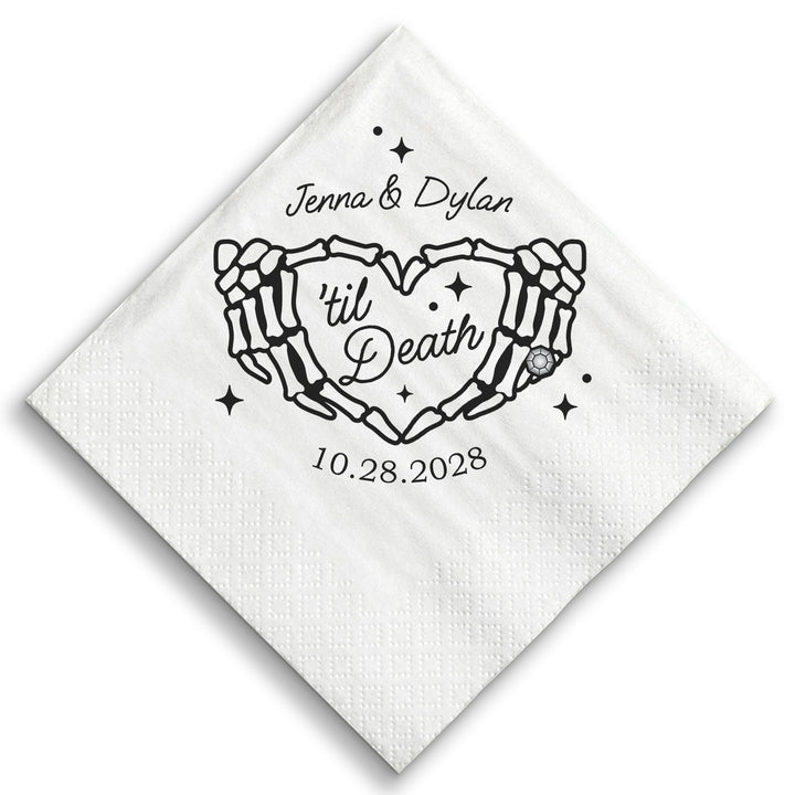 Til Death Wedding custom beverage napkins gothic skeleton hands heart design