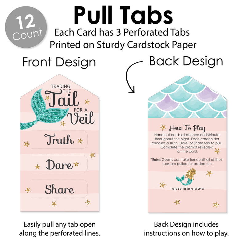 Trading the Tail For A Veil - Mermaid Bachelorette or Bridal Shower Game Pickle Cards - Truth, Dare, Share Pull Tabs - Set of 12