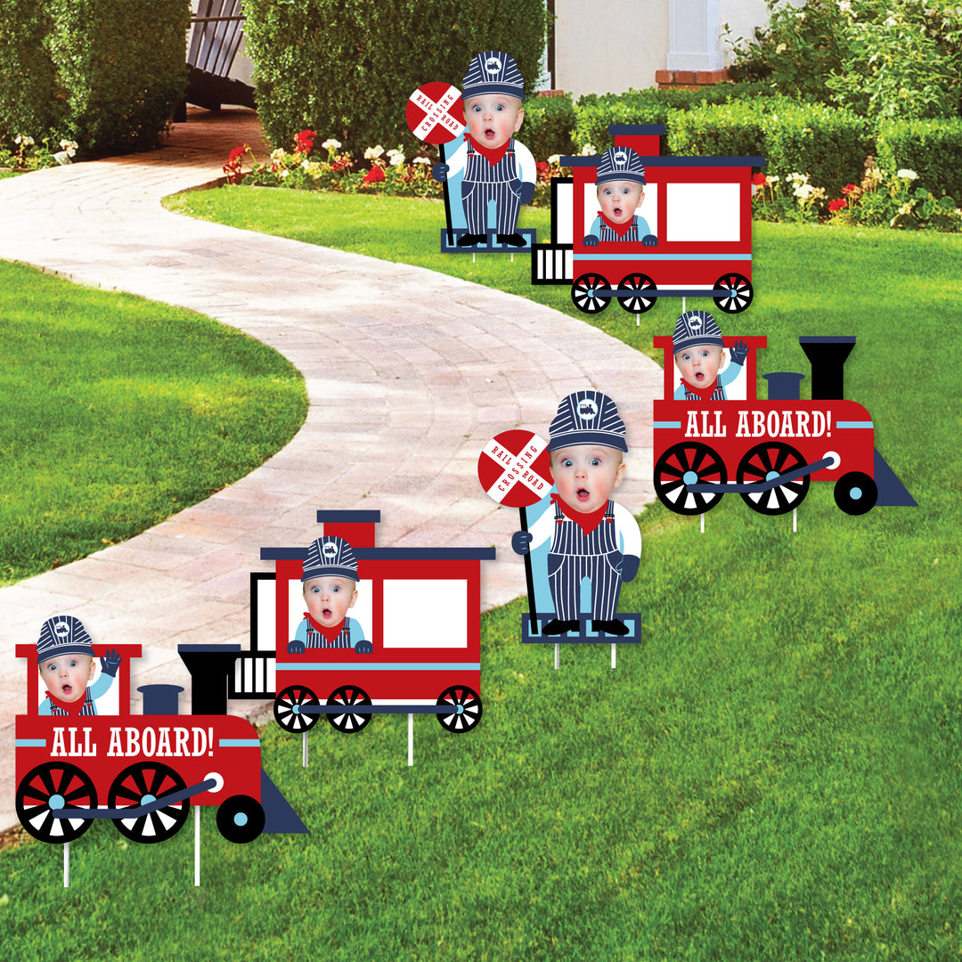 Custom Photo Railroad Party Crossing - Fun Face Lawn Decorations - Steam Train Birthday Party or Baby Shower Outdoor Yard Signs - 10 Piece