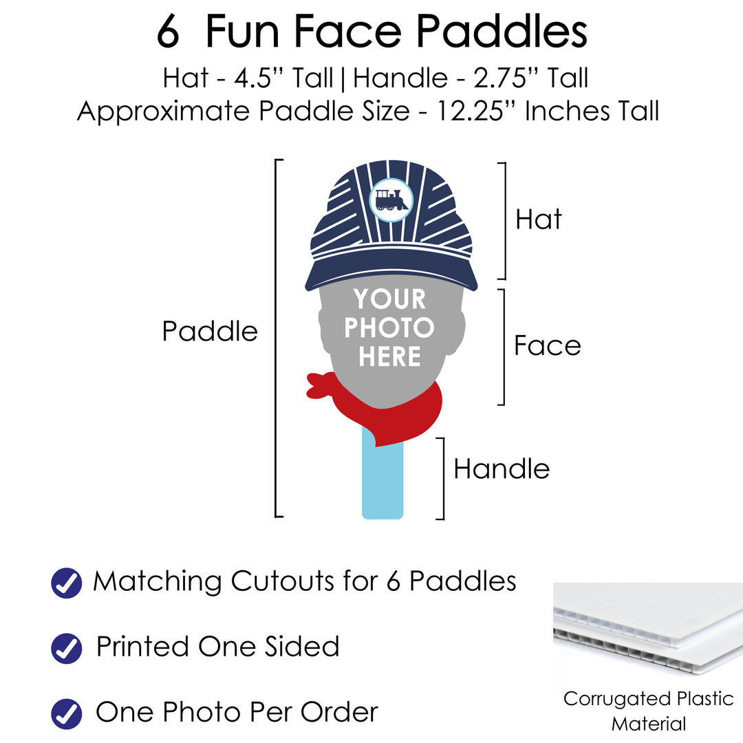 Custom Photo Railroad Party Crossing - Steam Train Birthday Party or Baby Shower Head Cut Out Photo Booth and Fan Props - Fun Face Cutout Paddles - Set of 6