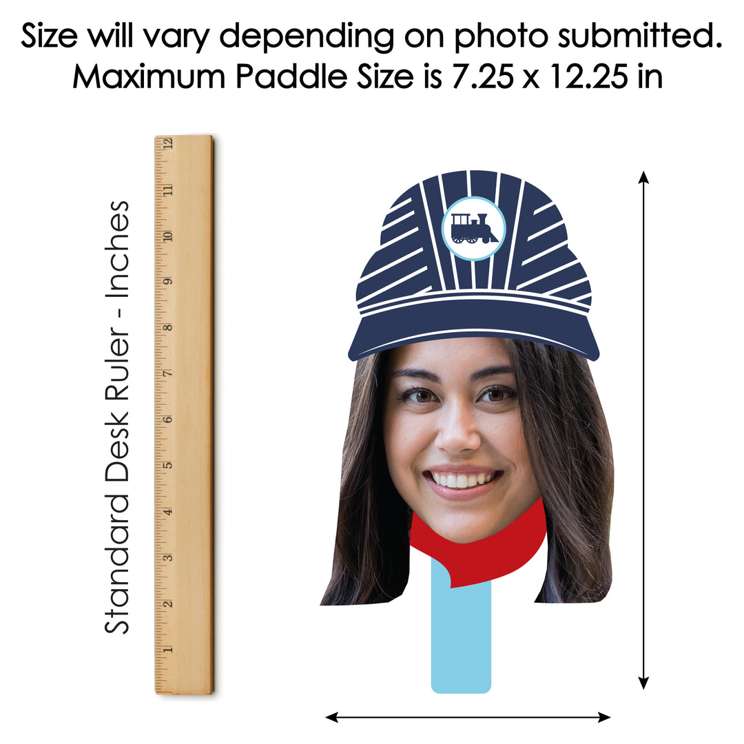 Custom Photo Railroad Party Crossing - Steam Train Birthday Party or Baby Shower Head Cut Out Photo Booth and Fan Props - Fun Face Cutout Paddles - Set of 6