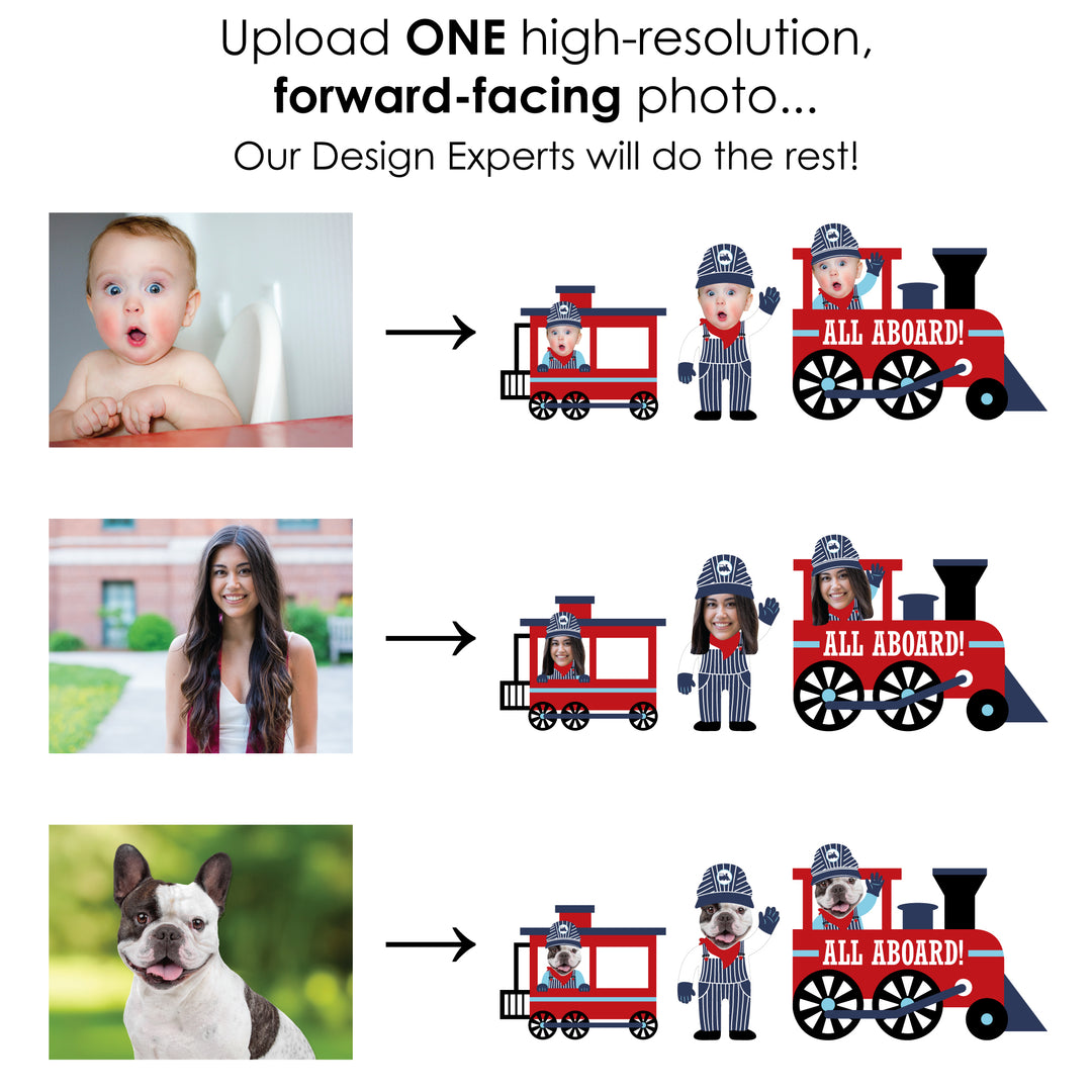Custom Photo Railroad Party Crossing - Steam Train Birthday Party or Baby Shower Centerpiece Sticks - Fun Face Table Toppers - Set of 15