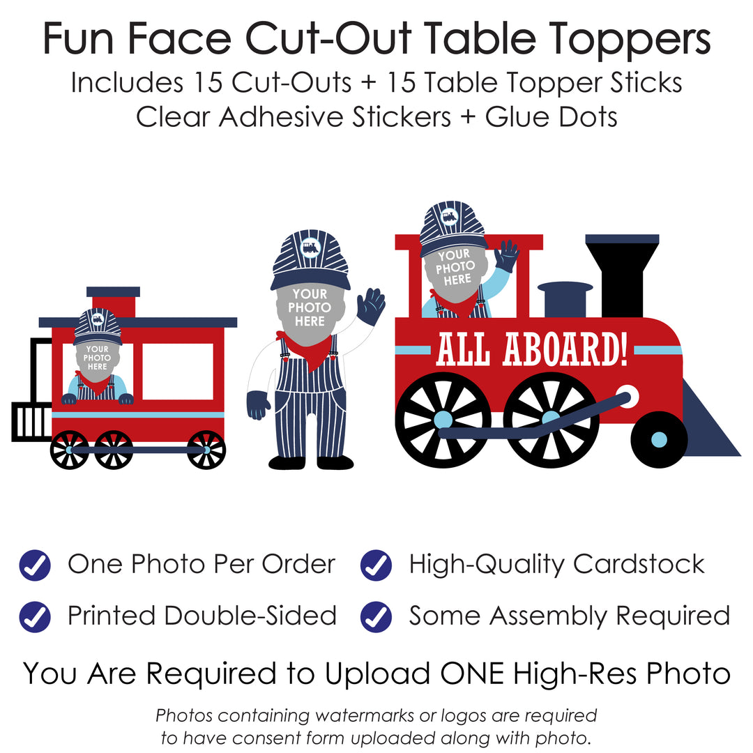 Custom Photo Railroad Party Crossing - Steam Train Birthday Party or Baby Shower Centerpiece Sticks - Fun Face Table Toppers - Set of 15