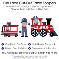 Custom Photo Railroad Party Crossing - Steam Train Birthday Party or Baby Shower Centerpiece Sticks - Fun Face Table Toppers - Set of 15