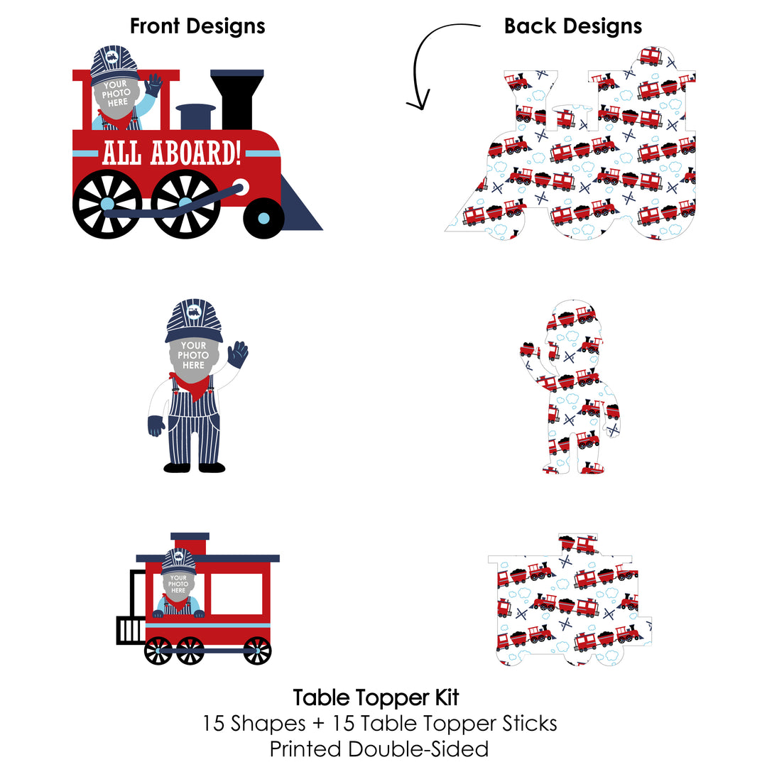 Custom Photo Railroad Party Crossing - Steam Train Birthday Party or Baby Shower Centerpiece Sticks - Fun Face Table Toppers - Set of 15