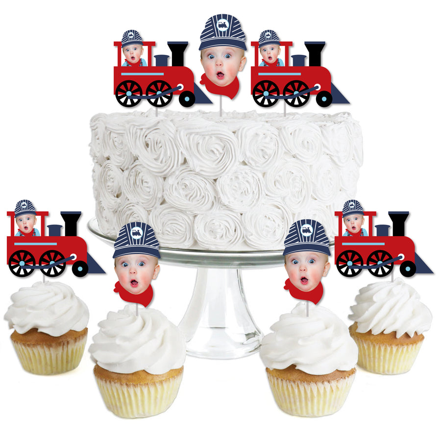 Custom Photo Railroad Party Crossing - Steam Train Birthday Party or Baby Shower Dessert Cupcake Toppers - Fun Face Clear Treat Picks - Set of 24