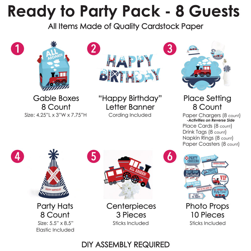 Railroad Party Crossing - Steam Train Happy Birthday Party Supplies Kit - Ready to Party Pack - 8 Guests