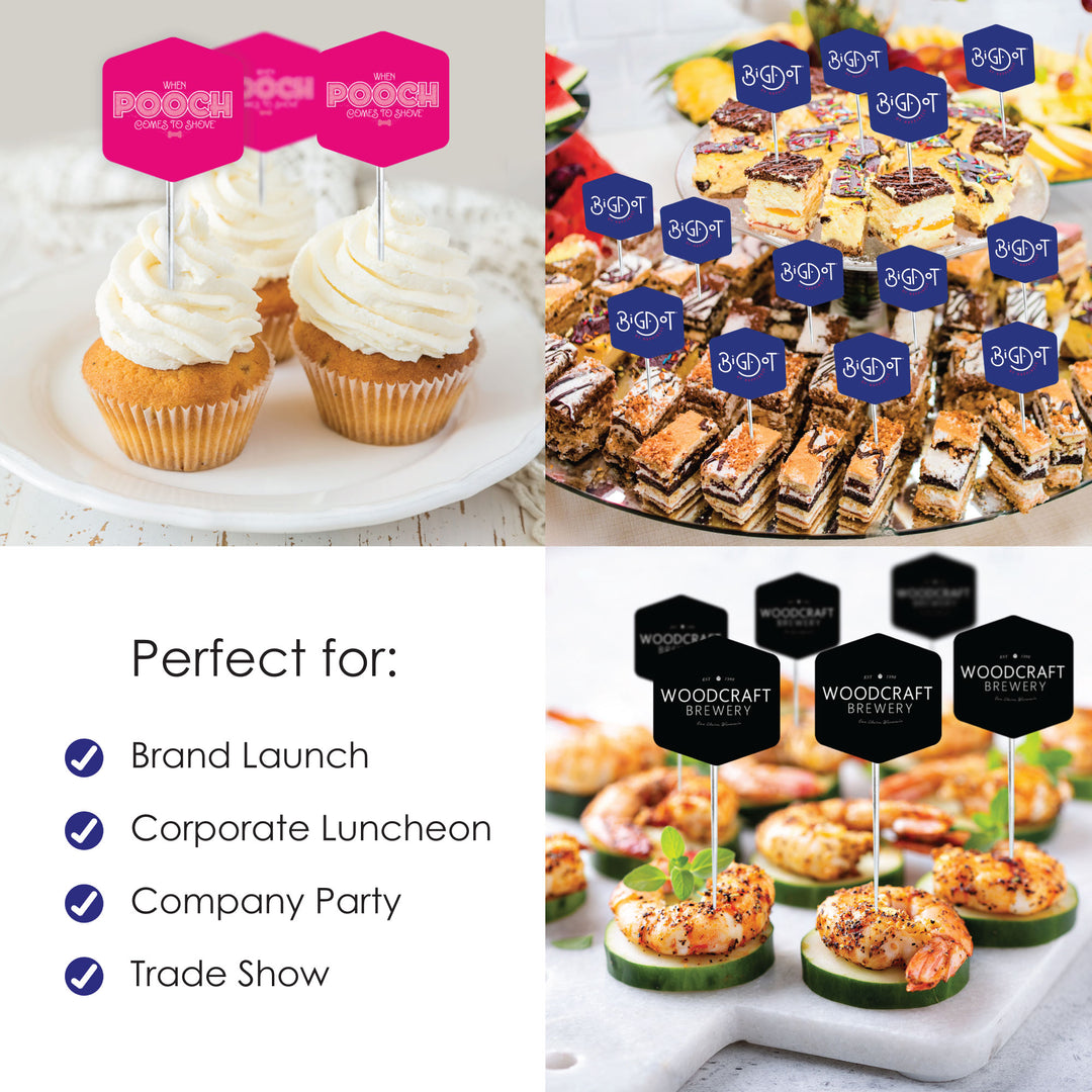 Custom Logo Treat Picks - Personalized Branded Business Party Dessert Cupcake Toppers - Set of 24