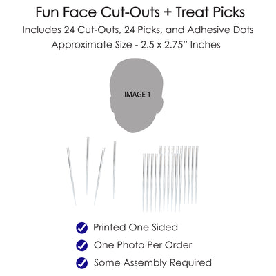 Fun Face Cutout Dessert Cupcake Toppers - Custom Photo Head Cut Out Clear Treat Picks - Upload 1 Photo - Set of 24