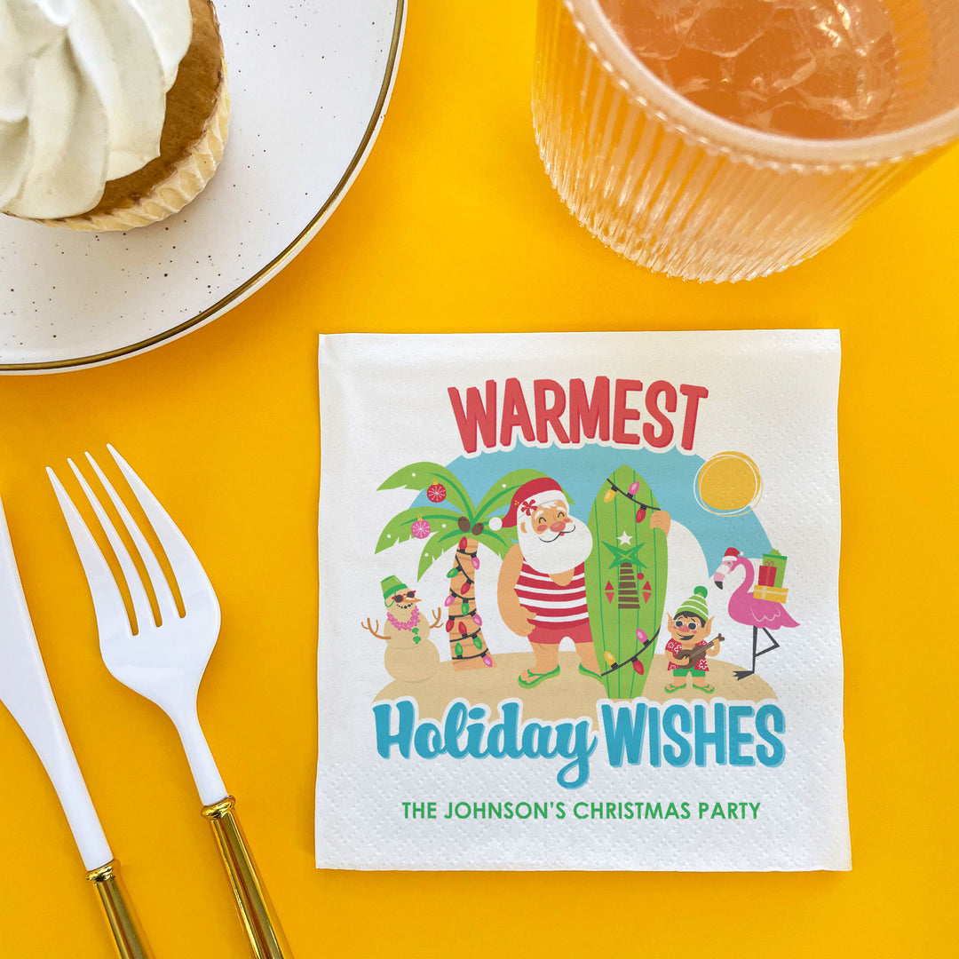 Napkin with Santa Claus design and 'Warmest Holiday Wishes' text on a custom Christmas napkin