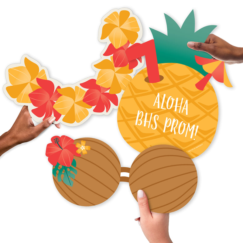 Custom Tropical Luau - Pineapple, Lei and Coconut Bra Decorations - Hawaiian Beach Party Large Photo Props - 3 Pc