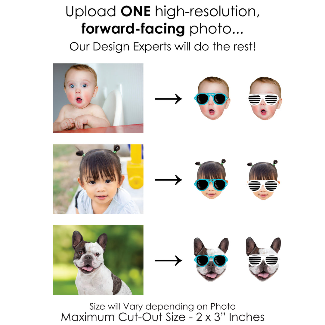 Custom Photo Two Cool - Boy - Blue 2nd Birthday Party DIY Shaped Fun Face Cut-Outs - 24 Count