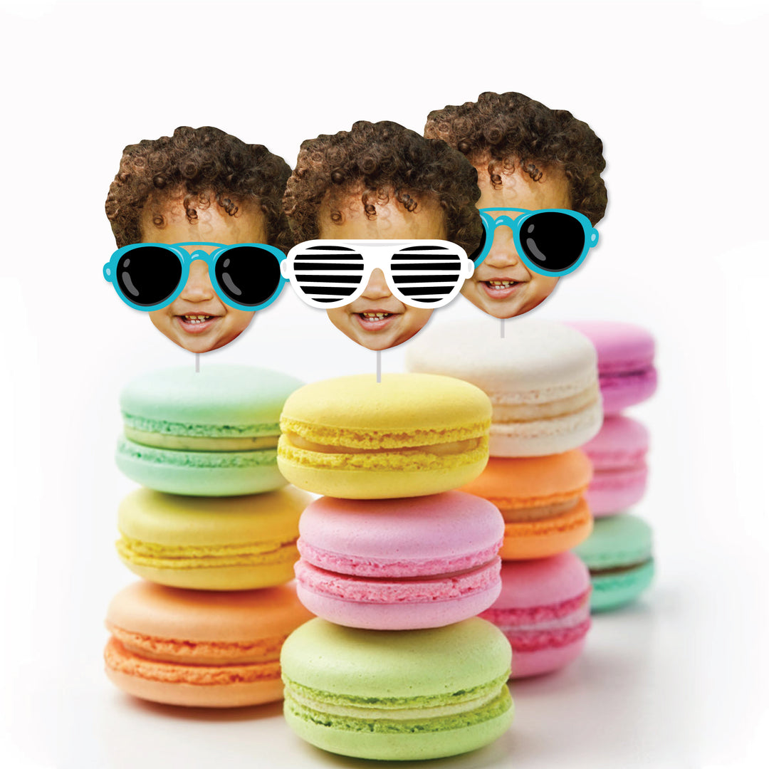 Custom Photo Two Cool - Boy - Blue 2nd Birthday Party DIY Shaped Fun Face Cut-Outs - 24 Count