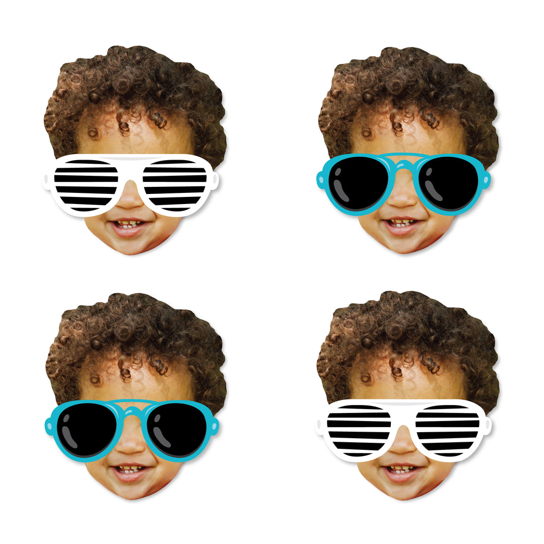 A set of four custom photo face cut-outs featuring a boy wearing sunglasses in different styles, with a blue and black color scheme.