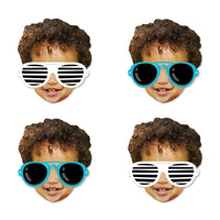 A set of four custom photo face cut-outs featuring a boy wearing sunglasses in different styles, with a blue and black color scheme.