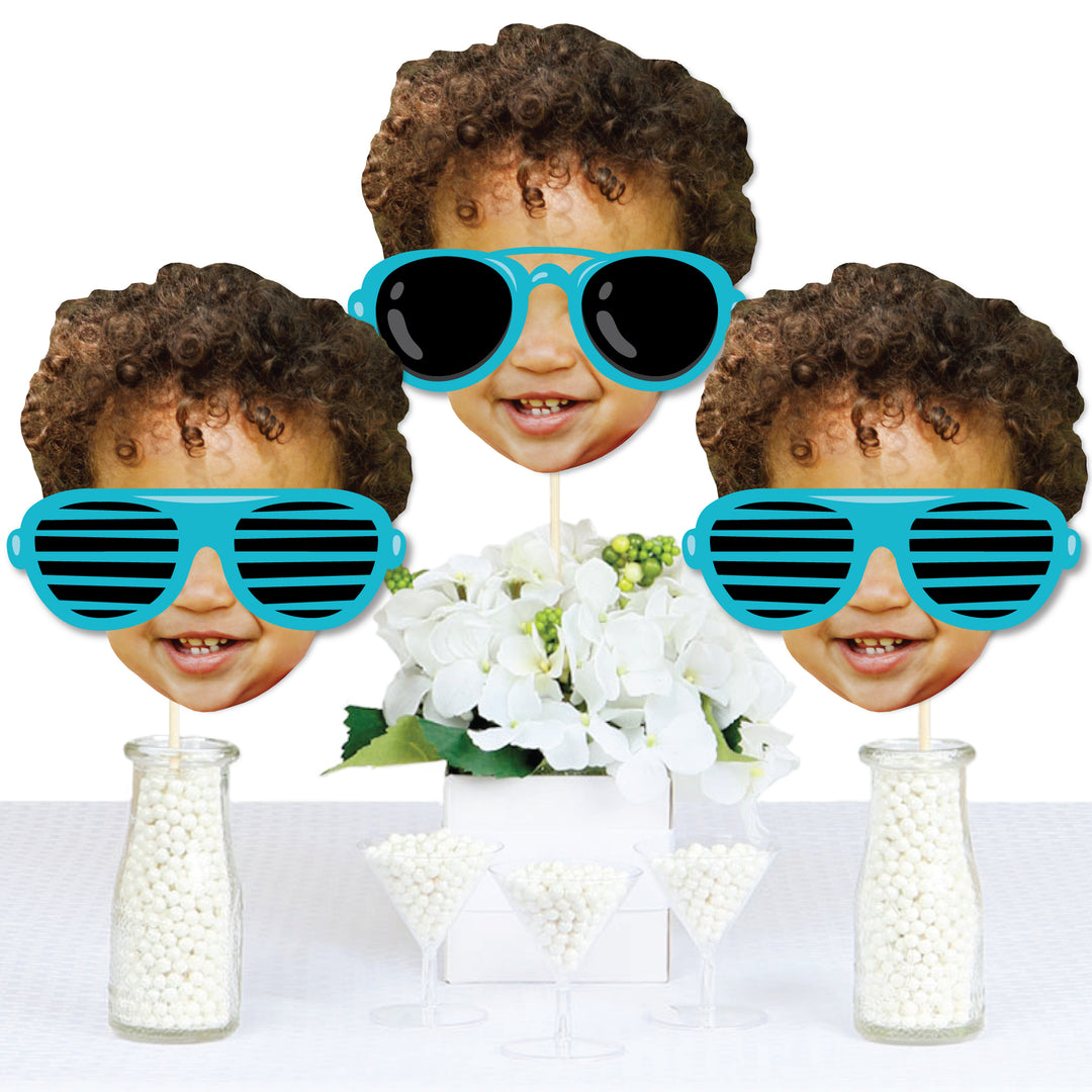 Custom Photo Two Cool - Boy - Fun Face Decorations DIY Blue 2nd Birthday Party Essentials - Set of 20