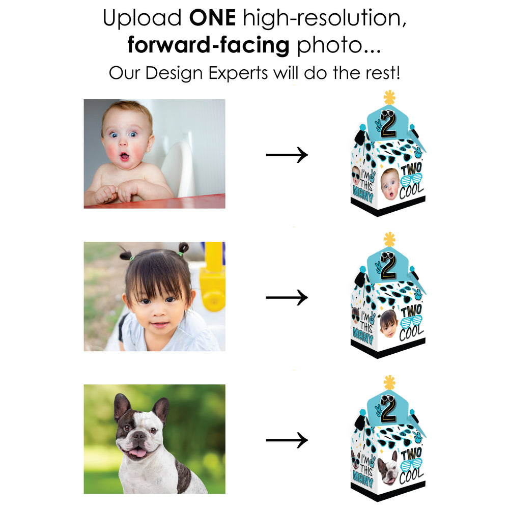 Custom Photo Two Cool - Boy - Blue 2nd Birthday Treat Box Party Favors - Fun Face Goodie Gable Boxes - Set of 12