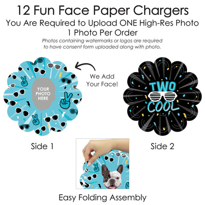 Custom Photo Two Cool - Boy - Blue 2nd Birthday Party Round Table Decorations - Fun Face Paper Chargers - Place Setting For 12