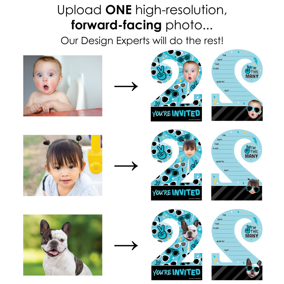 Custom Photo Two Cool - Boy - Blue 2nd Birthday Party Fun Face Shaped Fill-In Invitation Cards with Envelopes - Set of 12