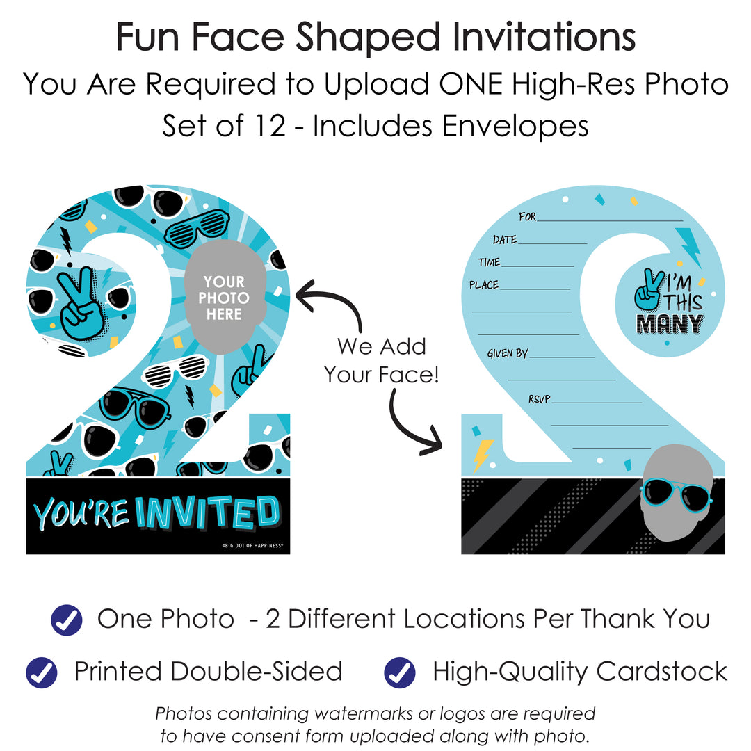 Custom Photo Two Cool - Boy - Blue 2nd Birthday Party Fun Face Shaped Fill-In Invitation Cards with Envelopes - Set of 12