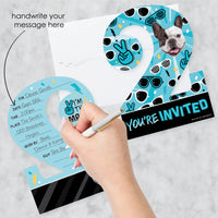 Custom Photo Two Cool - Boy - Blue 2nd Birthday Party Fun Face Shaped Fill-In Invitation Cards with Envelopes - Set of 12