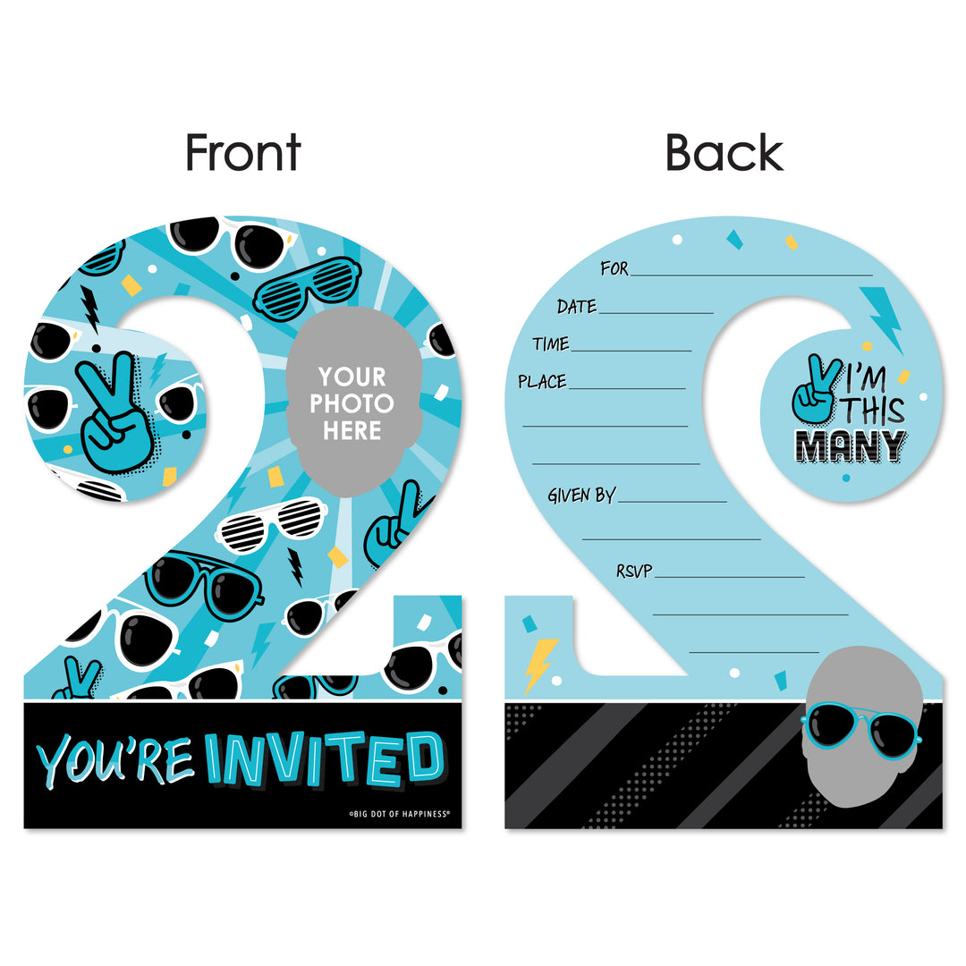 Custom Photo Two Cool - Boy - Blue 2nd Birthday Party Fun Face Shaped Fill-In Invitation Cards with Envelopes - Set of 12