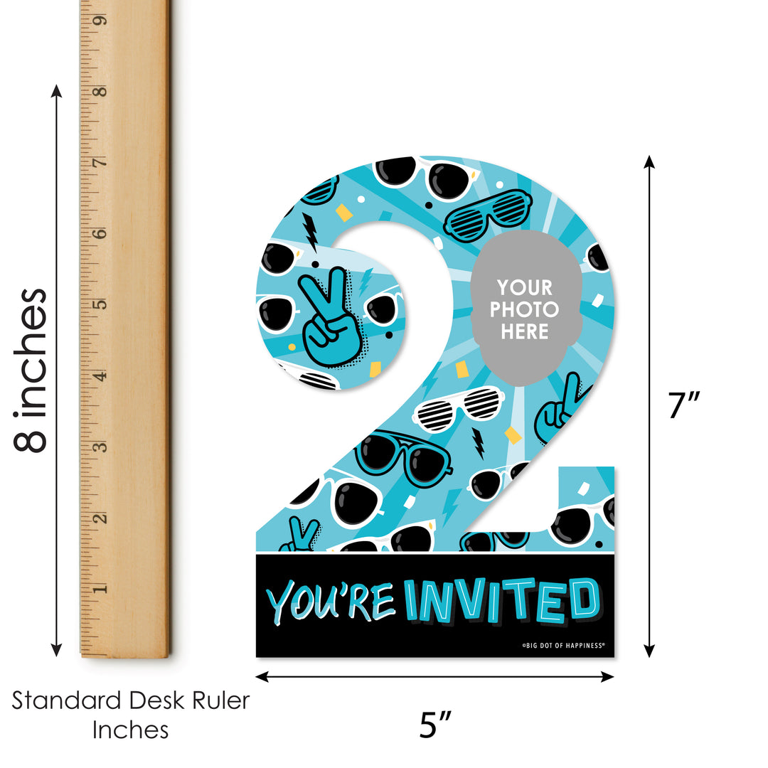 Custom Photo Two Cool - Boy - Blue 2nd Birthday Party Fun Face Shaped Fill-In Invitation Cards with Envelopes - Set of 12