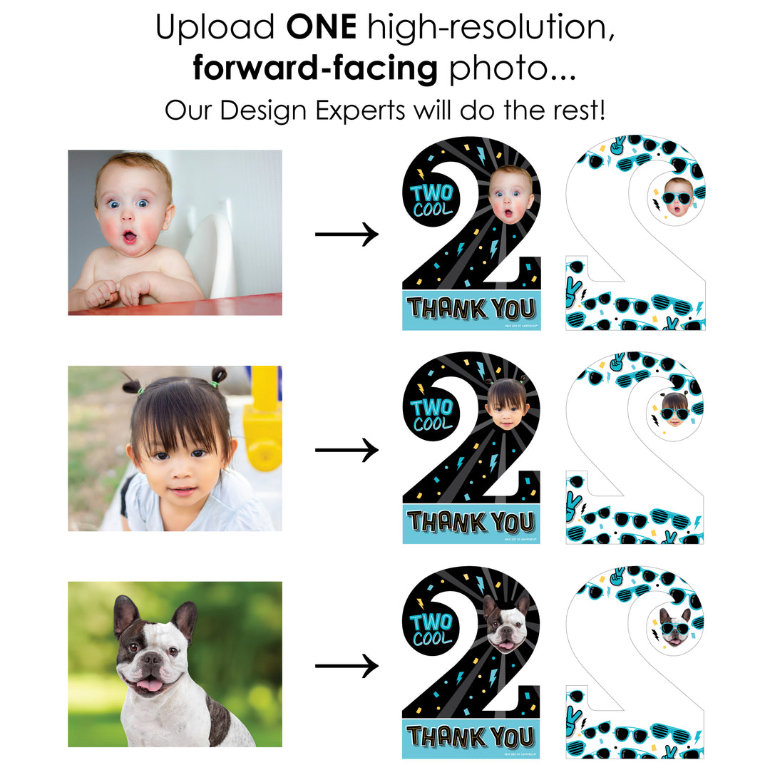 Custom Photo Two Cool - Boy - Blue 2nd Birthday Party Fun Face Shaped Thank You Cards with Envelopes - Set of 12