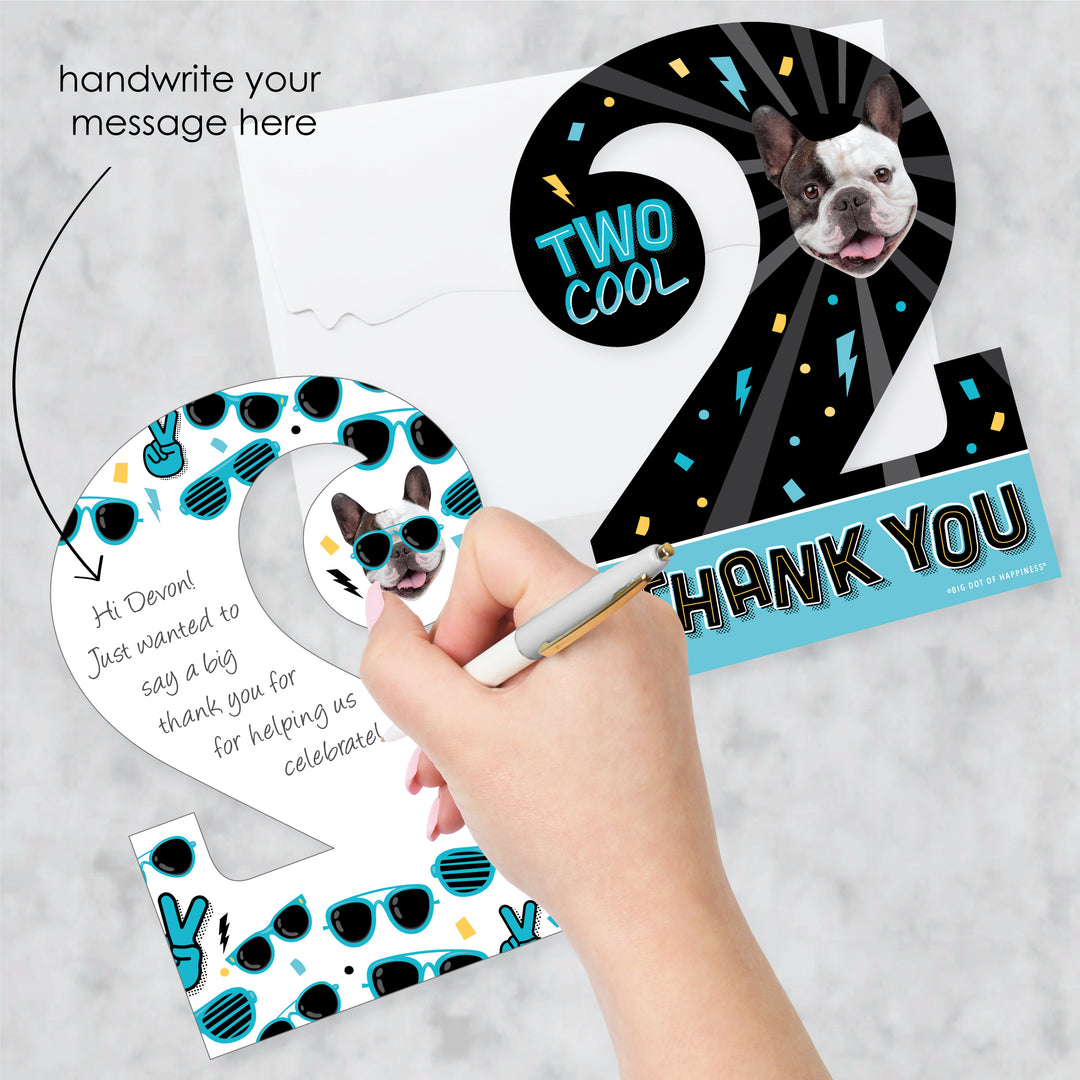 Custom Photo Two Cool - Boy - Blue 2nd Birthday Party Fun Face Shaped Thank You Cards with Envelopes - Set of 12