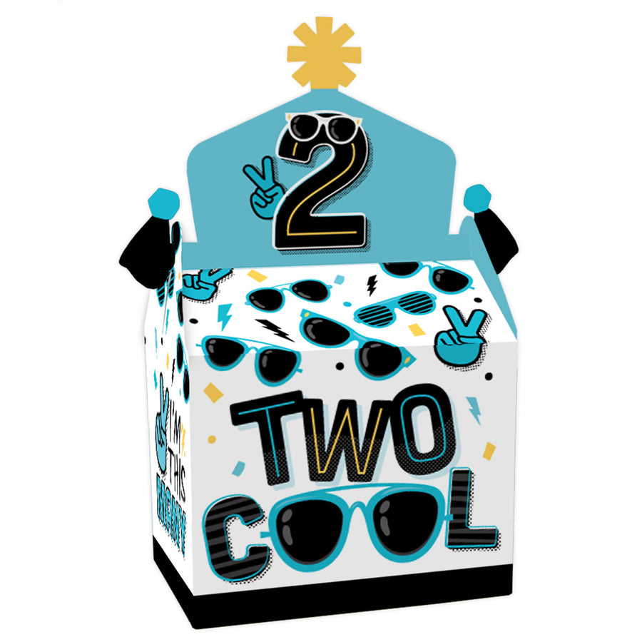 A treat box with a blue and black color scheme, featuring the number 2 and the phrase 'Two Cool'. It is designed for a 2nd birthday party.