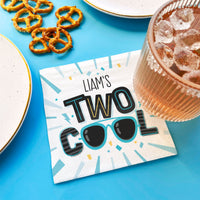 Napkin with 'Liam's Two Cool' text boy second birthday